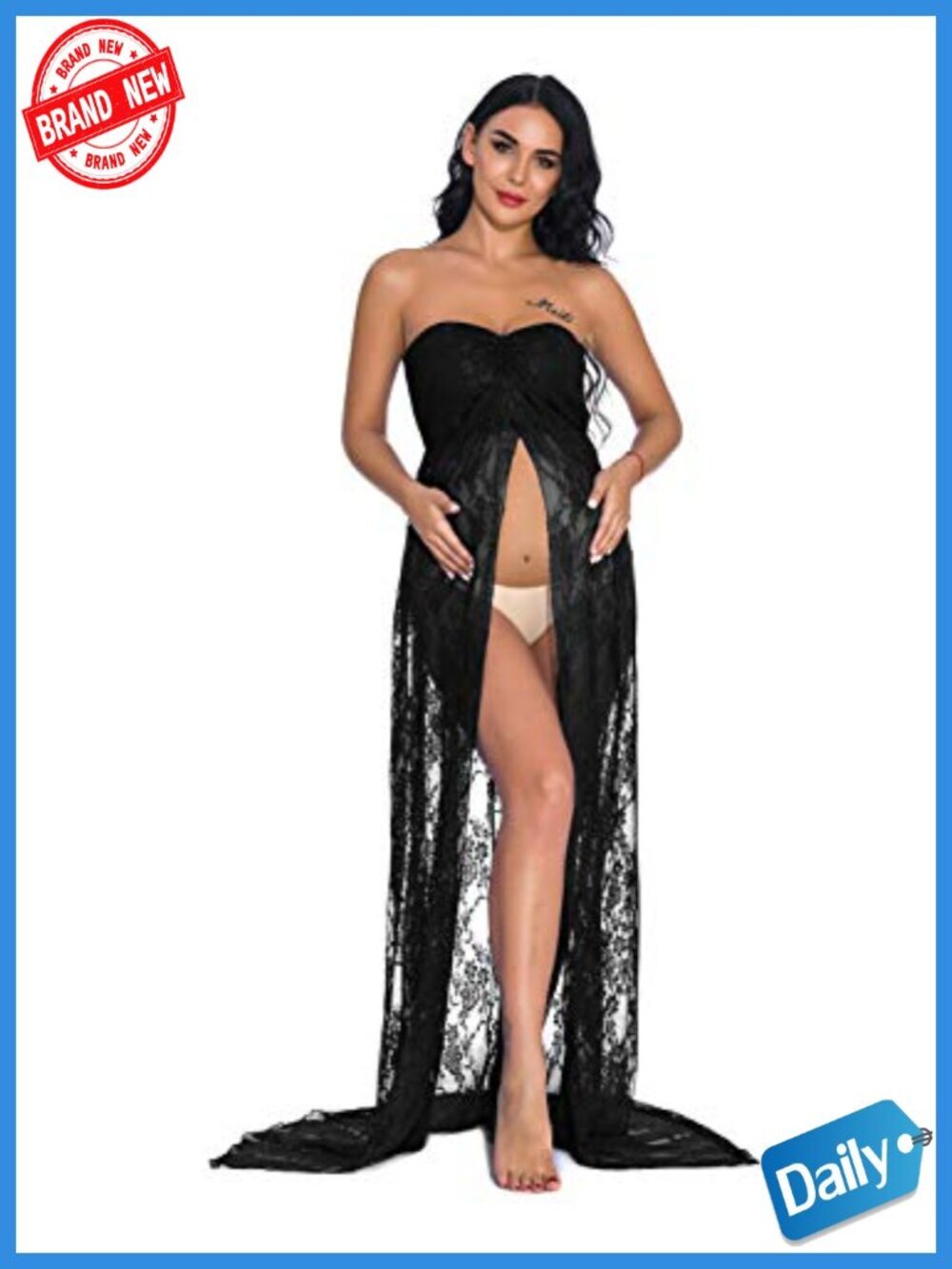Strapless Lace Maternity Photo Gown, Sheer Maxi Dress, Split Front Bodycon